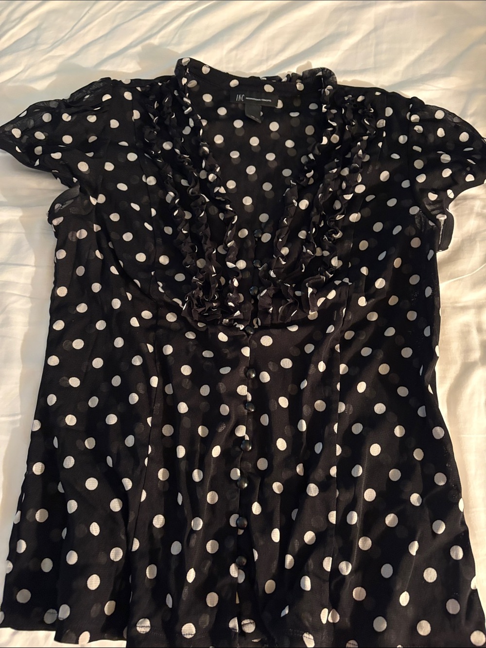 INC International Concepts Black and White Polka Dot Ruffle Button-Down Top